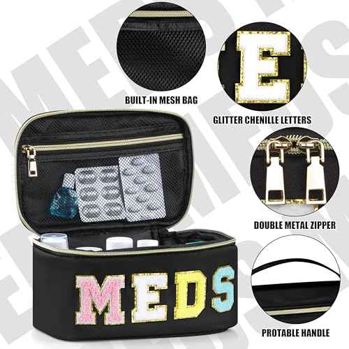 Medicines Chenille Letter Bag Nylon Meds Makeup Pouch Preppy Path with Zipper and Handle Cosmetic Toiletry Storage Purse for Women Black