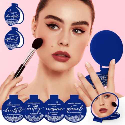 100 Pcs Inspirational Compact Mirror Bulk Small Pocket Mirror Purse Round Portable Folding Makeup Mirror Thanksgiving for Women Coworker Employee Teacher(Blue)