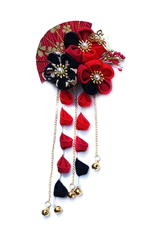 CRB Fashion Womens Girls Japanese Kimono Flower Kanzashi Hair Ornament Tie Band Clip (Red/Black)