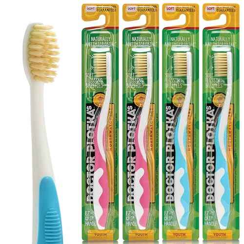MOUTHWATCHERS Soft Childrens Flossing Manual Toothbrush, Value Pack of 4, Pink and Blue, Toothbrushes for Kids & Teens, Ultra Clean, by Dr. Plotka's