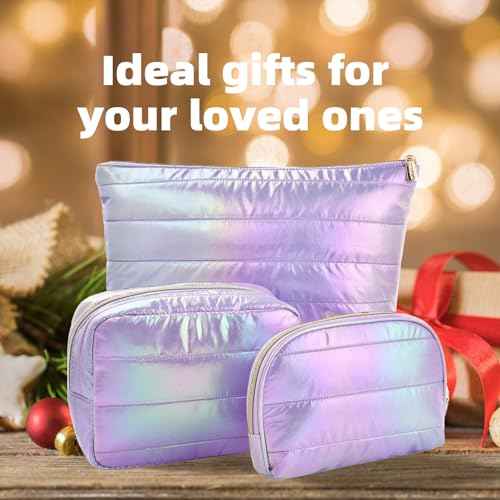 Hiroyuki Iridescent Quilted Makeup Bag, 3pcs Cute Makeup Bag Set, Large Capacity Cosmetic Organizer Travel Toiletry Pouch (plain, purple)
