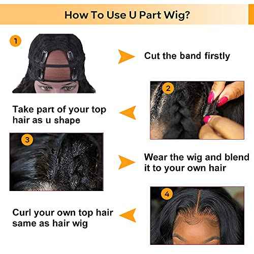 U Part Human Hair Wig Body Wave Drawstring Wig 180% Density U Part Wig Brazilian Virgin Human Hair wigs for Women Full Head Clip in Half Wigs Glueless No Leave Out Lace Front Wig Natural Color 20inch