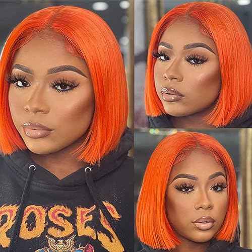 Ginger Orange Short Straight Bob Wig 13x4x1 Lace Front Wigs for Women Orange Ginger Human Hair 14 Inch 150% Density Brazilian Virgin Bob Wigs Human Hair Lace Closure Wigs Pre Plucked with Baby Hair