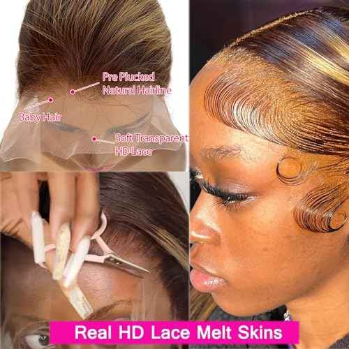 Balayage Highlights Lace Front Wig Human Hair Pre Plucked 24 Inch 13x6 HD Lace Frontal Wig Honey Blonde Highlight Outre Melted Hairline Lace Front Wig 150% Density Glusless Wigs Human Hair for Women