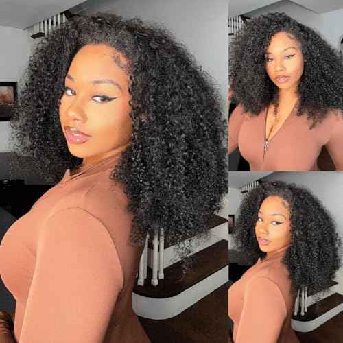 Kinky Curly 3 In 1 Half Wig Human Hair 200% Density Wear Go Glueless Wigs Human Hair for Women 16 Inch Afro Curly Seamless Flip Wig Invisible Hairline Beginner Friendly