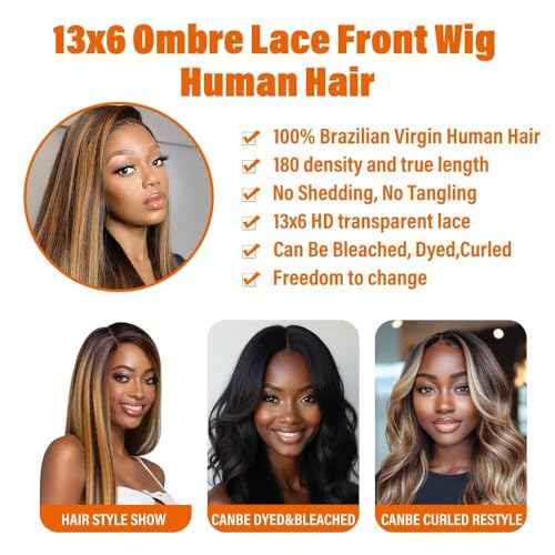 13x6 Ombre Lace Front Wigs Human Hair for Women 180 Density 4/27 Highlight Colored HD Transparent 28 Inch Straight Lace Front Wig Human Hair Pre Plucked Glueless Lace Frontal Wigs