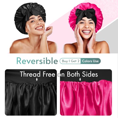BONNET QUEEN Silk Bonnet for Sleeping Satin Bonnet with Tie Hair Wrap Double Layer Sleep Cap for Women Curly Hair, Black Hot Pink