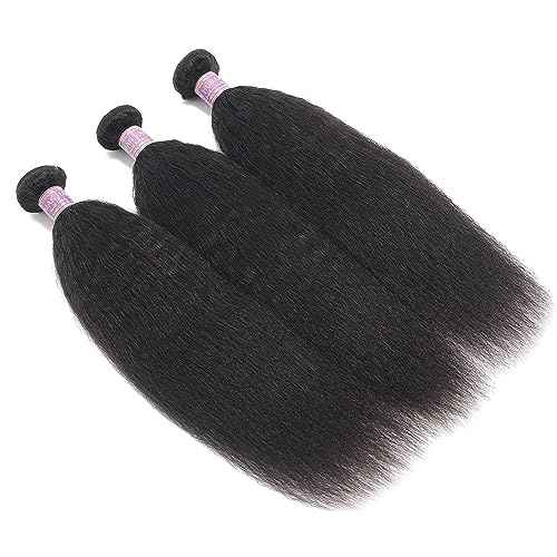 Kinky Straight Human Hair Bundles With 4x4 Lace Closure Free Part 16 16 16+14 Inch Natural Black 100% Unprocessed Brazilian Virgin Yaki Straight Hair Extensions (16 16 16+14Closure)