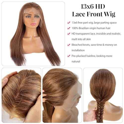 13x6 Lace Front Wigs Human Hair, 28¡± HD Transparent Lace Frontal Wigs Pre Plucked with Baby Hair Brown Highlights 150% Density 13x6 Lace Frontal Wig Glueless Human Hair Wigs for Women Natural Hairline