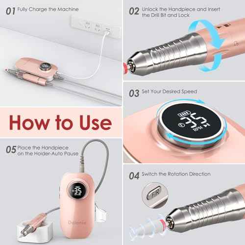 Delanie Brushless Nail Drill 35000 RPM Professional Rechargeable Portable Electric Nail File for Nail Tech, Rose Gold