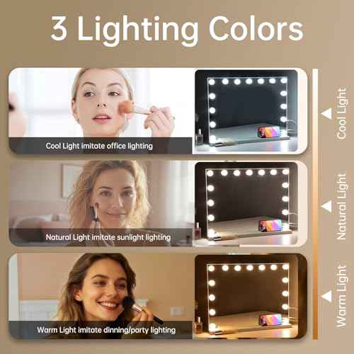 Hollywood Vanity Mirror with Lights, 23"x18" Lighted Makeup Mirror for Desk/Wall Mount with 15 Led Bulbs, 3 Lighting Modes for College Dorm, Bedroom & Dressing Room (White)