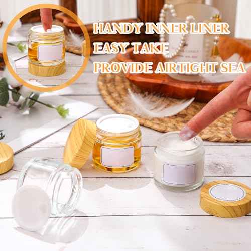 Layhit 96 Pcs 2oz Glass Jars with Lids Clear Small Jars with Plastic Woodgrain Lids, White Labels and Inner Liners Empty Round Cosmetic Containers for Creams Lotions Candle Making (2oz/ 60ml)