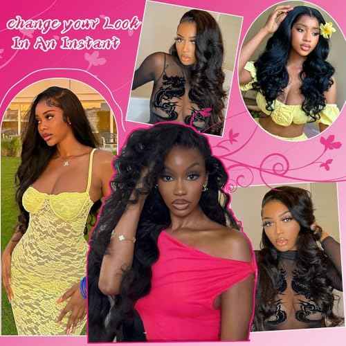 28 Inch 13x6 Lace Front Wigs Human Hair Pre Plucked, Real 10A 180% Density Body Wave HD Transparent Lace Frontal Wigs with Baby Hair for Women, Glueless Wig, Natural Black