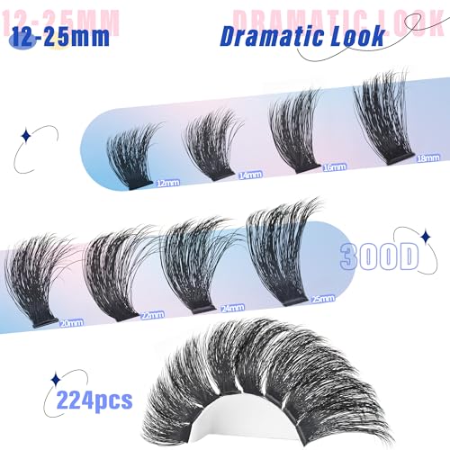 Mega Lash Clusters Kit 300D Thick 12-25mm Volume Cluster Eyelash Extensions Kit 224Pcs Wispy Individual Lashes with Lash Bond and Seal and remover Eyelash Clusters Soft False Eyelashes by Yaiseiko