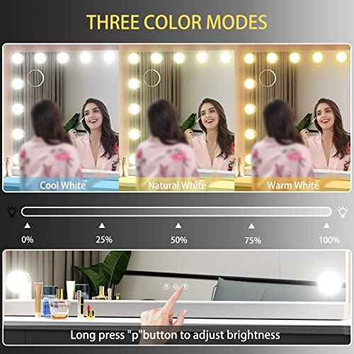 22.8 x 18.2 Vanity Makeup Mirror with Lights, 10X Magnification,Large Hollywood Lighted Vanity Mirror with 15 Dimmable LED Bulbs, USB Charger Port, Tabletop or Wall-Mounted White