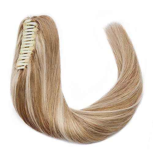MY-LADY Ponytail Extension Human Hair Claw Clip in Ponytail Hair Extension Straight Pony Tail Hair Extensions Real Human Hair for Women Ash Blonde & Bleach Blonde 18 Inch 115g