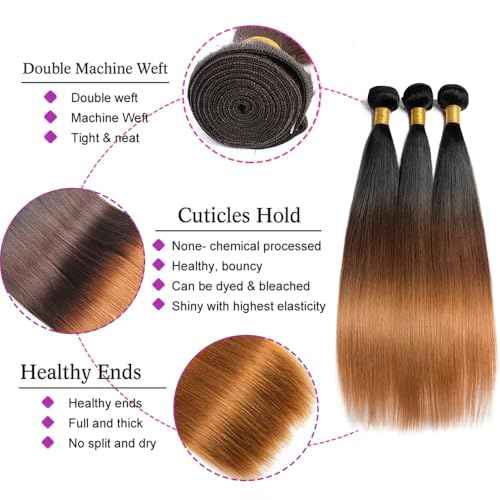 T1B/4/30 Straight Human Hair Bundles 26 28 30 Inch Omber Chocolate Brown 12A Raw Unprocessed Brazilian Virgin Quick Weave Hair for Black Women
