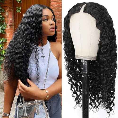 Curly V Part Wigs Deep Wave V Part Human Hair Wigs for Black Women Brazilian Virgin V Part Wigs Human Hair V Shape Wigs No Leave Out Deep Curly Upgrade U Part Wigs 150% Density Curly Wig 22 Inch
