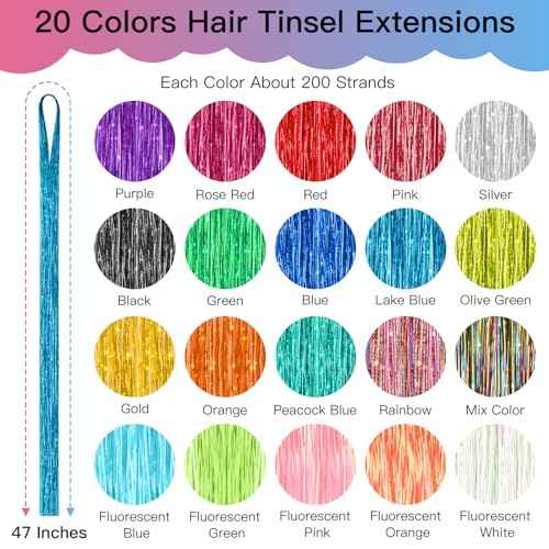 PLULON 20 Colors Hair Tinsel Kit with Tools 4000 Strands 47 Inches Tinsel Hair Extensions Glitter Fairy Hair Extensions Tinsel Kit for Girls Women Christmas New Year Party