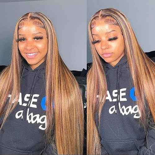 Lemoda Outlet Deals 13x6 Highlight Ombre Lace Front Wig Human Hair 180 Density 24 Inch Straight Transparent Lace Pre Plucked Honey Blonde Human Hair Wigs for Women P4/27 Color