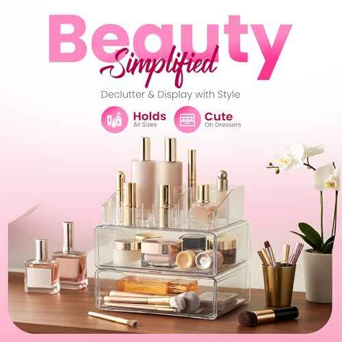 Clear Makeup Organizer - Acrylic Cosmetic Vanity Storage Organizers for Girls Dresser, Bathroom, Desk Counter - Plastic Make Up Holder, Jewelry Box (2-Drawer | Multi Compartments)