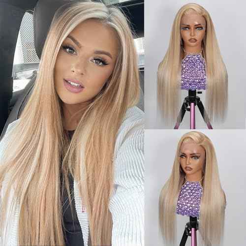Ombre Ash Blonde Lace Front Human Hair Wigs for Women,Pre Plucked13x6 HD Ombre Highlight Light Brown and Ash Blonde Straight Lace Wig Bleach Knots with Baby Hair 24 Inch Wear and Go Remy Wig