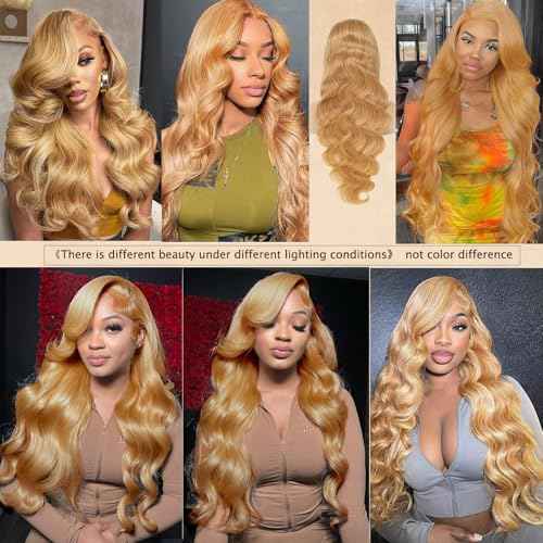 Honey Blonde Wig Human Hair 13x6 Body Wave Hd Lace Front Wigs Human Hair Pre Plucked 27# Colored Blonde Lace Frontal Wig 180% Density Real Hair Wavy Human Lace Front Wigs For Black Women 30Inch