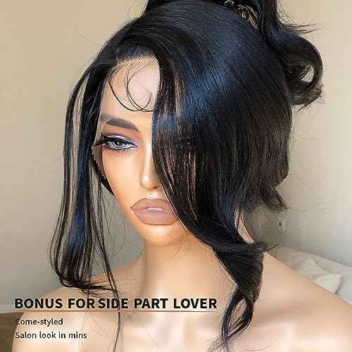 Bombshell Body Wave Wig, Synthetic Lace Front Wig Pre Plucked Glueless Ready to Wear, 13X5X1 Side Part HD Lace Wigs for Women 24inch, 1B Jet Black Wig Human Hair Luster