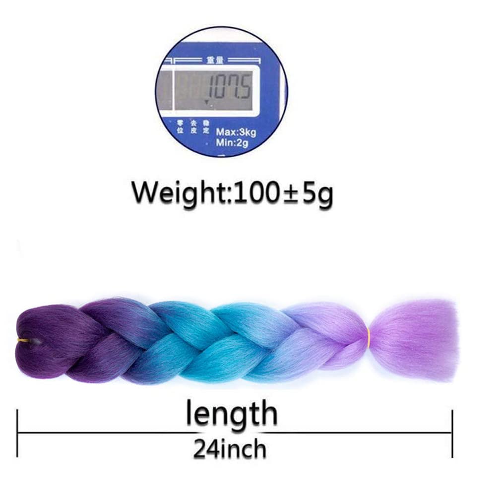 Xiaofeng Braiding Hair Extensions for Women 3 Packs 100g/Pack 24Inch High Temperature Ombre Jumbo Synthetic Braiding Hair for Twist Crochet Braids (blue-sky blue-yellow-light pink-rose)