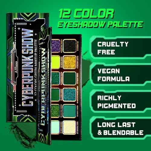 Green Eyeshadow Makeup Palette, 12 Color Green Glitter Holographic Eyeshadow with Matte Shimmer for Brown Eyes, Pigmented Silky Long Last Neon Yellow Blue Eye Shadow for Christmas, Party, Wicked,Vegan