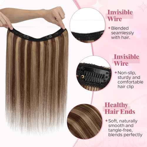 Halo Hair Extensions for Women Human Hair with Invisible Transparent Wire Adjustable Size 2 Secure Clips Long Straight Secret Hairpiece 20 Inch 4RP27R Medium Brown Mixed Dark Blonde