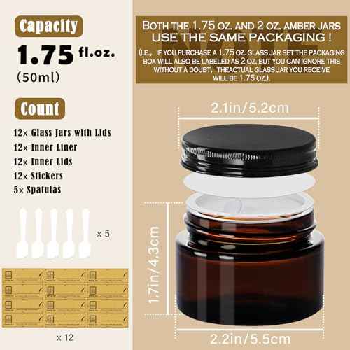1.75 oz Glass Jars with Lids,Amber,12 Pack Empty Cosmetic Containers with Inner lids and Inner Liners,Black Metal Lids,Refillable Round Airtight Jars,Use to store Lotion,Powders,Candle Making