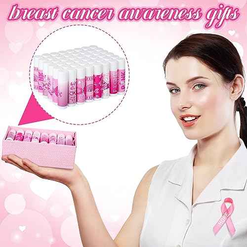 100 Pcs Breast Cancer Awareness Lip Balms Bulk Small Pink Ribbon Thank You Gifts Set Breast Cancer Awareness Bulk Items Natural Moisturizing Lip Care Product Survivor Gifts for Women