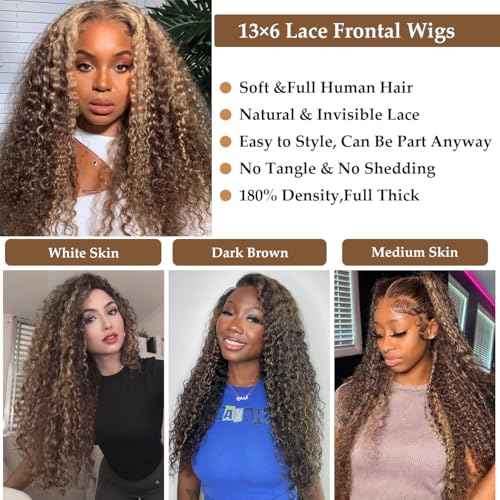 30 Inch Highlight Ombre Lace Front Wig Human Hair 180% Density Jerry Curly Lace Frontal Wigs Pre Plucked with Baby Hair 13x6 Honey Blonde Deep Curly Lace Front Wigs for Women