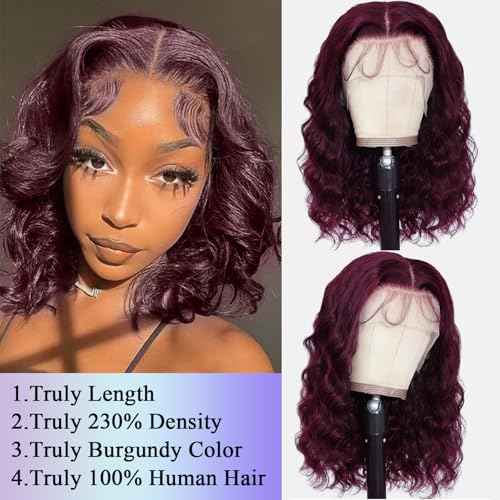 13X6 18inch 99J 230% Density Bob Body Wave Burgundy Wig Human Hair Bob Wig Human Hair Body Wave Lace Front Wigs Human Hair Pre Plucked With Baby Hair HD Transparent Lace Frontal Wig