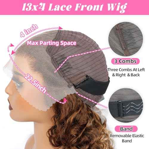 16Inch Highlighted Deep wave Lace Front Wig Human Hair Honey Blonde Highlight Deep Wave Wigs Human Hair 4/27 Curly Highlighted Wig for Black Women Pre-Plucked 180% Ombre Curly Wigs Glueless