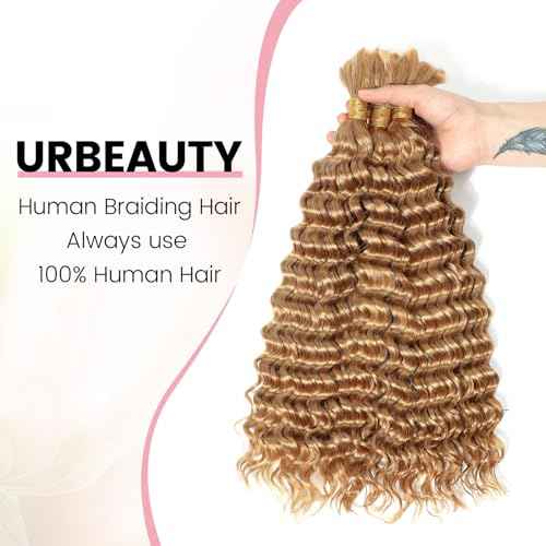 Urbeauty Human Braiding Hair #27 Color, Deep Wave Bulk Human Hair for Micro Braiding No Weft, Curly Human Hair for Boho Braids, Knotless/Goddess/Bohemian/Gypsy/18/20 Inch 100gram
