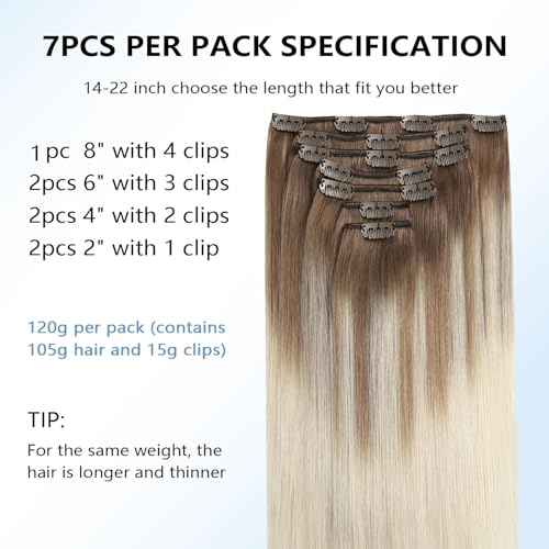 COOKAYU Clip in Hair Extensions Human Hair, 8/60 Ash Brown to Platinum Blonde Ombre Real Hair Extensions Clip in Human Hair, 20inch 120g 7Pcs