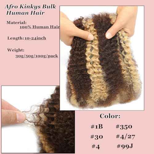 Afro Kinkys Bulk Human Hair For Braiding 427 Highlight Afro Kinky-Curly Human Hair Bulk For Mini Twist 20 Inch 100g/pack Bulk Human Braiding Hair For Micro Locs Extensions