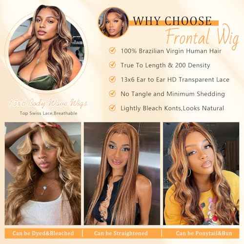 13x6 Honey Blonde Body Wave Lace Front Wigs Human Hair Pre Plucked 200% Density 4/27 Ombre Frontal Wigs HD Lace Front Wig Glueless Highlight Wigs for Black Women Human Hair Bleached Knots 20 inch