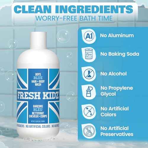 Fresh Kidz Hair & Body Wash 16.9 fl.oz. and 2 Roll On Deodorants 1.86 fl.oz. for Kids and Teens - Boys Blue Set