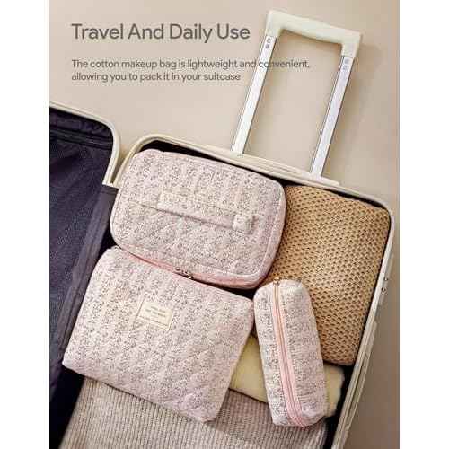 HBselect Quilted Makeup Bag, 3PCS Cotton Large Travel Makeup Bag, Cute Floral Coquette Make up Bag Cosmetic Bag Toiletry Bag for Women Girls