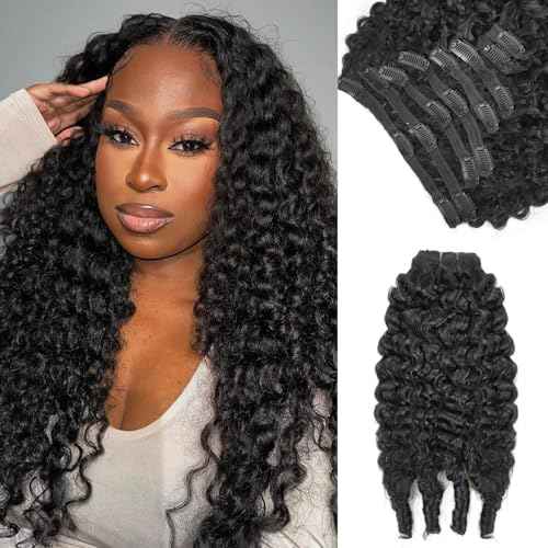 Burmese Curly Clip in Hair Extensions Real Human Hair 8Pcs Brazilian Human Hair Clip ins for Black Women With 18Clips 120g 14inch #1B Natural Black