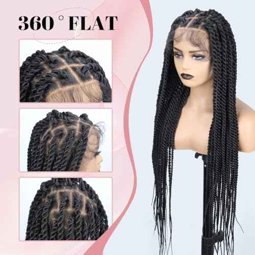 Senegal Twist Wigs, 36 "360¡Æ HD Full Single-layer Lace Two Braid Wigs for Black Women Square Knotless 2 Braid Wig with Baby Hair Handmade Synthetic Hair Blended Lace Front Wig Natural Black