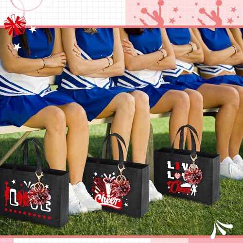 Landical 72 Pcs Cheerleading Gifts 24 Cheer Bags Portable 24 Pom Pom Keychain 24 Cheerleading Bracelet Canvas Cheerleading Makeup Bag Bulk Cheer Gifts Female Teammates Toiletries Accessories(Red)