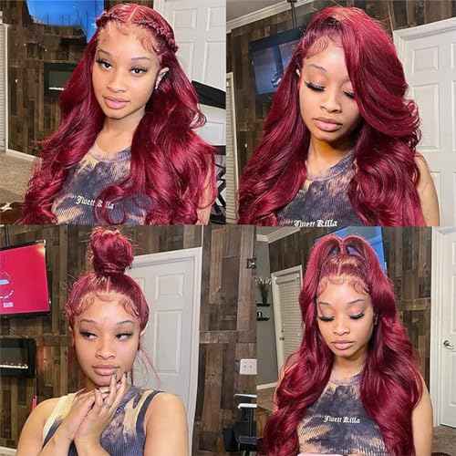 99j Burgundy Body Wave 13x4 Lace Front Wigs Red HD Transparent Lace Frontal Wigs Human Hair Pre Plucked with Baby Hair 22 inches Wine Red Colored Body Wave Wigs for Women Full and Thick 220% Density