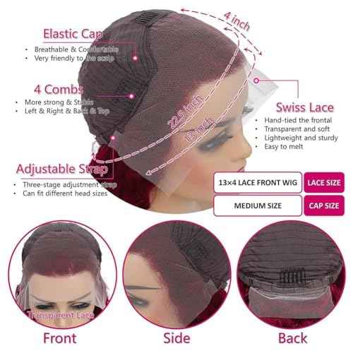 Burgundy Lace Front Wigs Human Hair Pre Pluck180% Density Glueless Wigs Human Hair Pre Plucked 13x4 99j Red Wigs Human Hair Curly Lace Front Wigs For Black Women (28 inch)