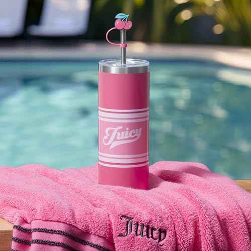 Juicy Couture Glam Slip 24oz Stainless Steel Hydration Tumbler with Straw Topper, Hot Pink Varsity