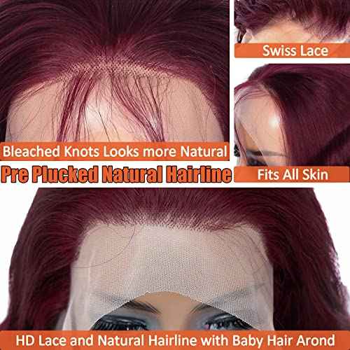 99j Burgundy Lace Front Wigs Human Hair Pre Plucked 13x6 Lace Frontal Human Hair Wigs for Black Women Body Wave Glueless Human Hair Wig 180% Density Pre Plucked Bleached Knots with Baby Hair £¨26 Inch£©