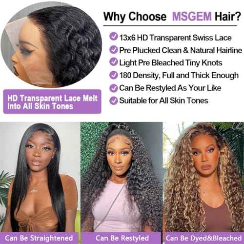 MSGEM 13x6 HD Lace Front Wigs Human Hair Deep Wave Lace Front Wigs 12A Human Hair Wigs for Women 180 Density 20 inch Curly Human Hair Wig Transparent Lace Frontal Wig Pre Plucked Natural Color